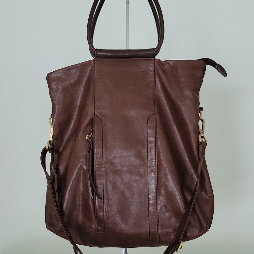 HOBO Mahogany Dark Brown Sheila Crossbody Satchel Crinkle Shiny Leather - Picture 2 of 16